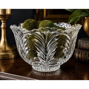 Vintage Fifth Avenue Crystal Bowl: Scalloped Leaf Cut Lead Crystal Centerpiece